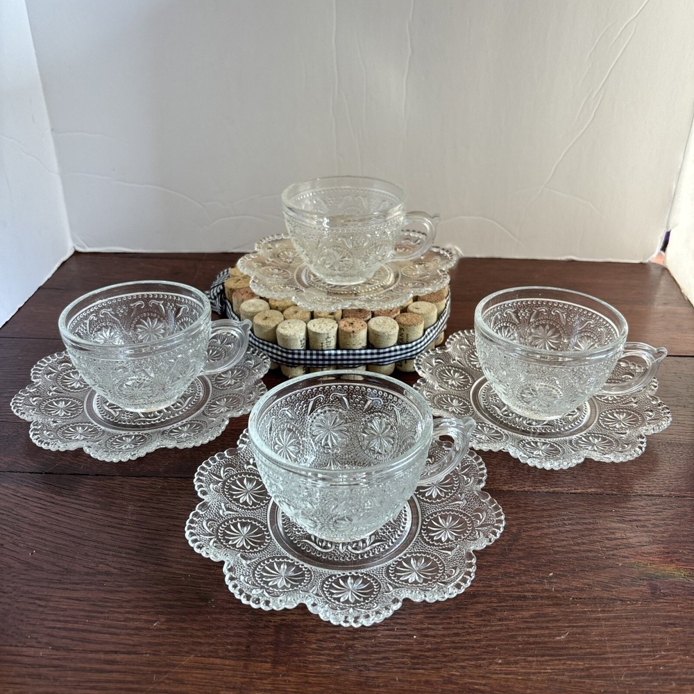 Vintage Brockway Glass "American Concord"‎ Clear - Cup & Saucer Set Of 4 Sets